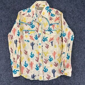 Wrangler Cactus Print Western Shirt S/P Turquoise Blue Yellow Red Long Sleeve